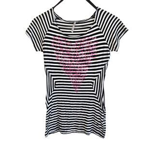 Size L – Y2k Je T’Aime Black & White Striped Tunic Indie Sleaze